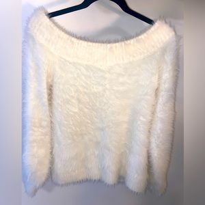 White fuzzy off the shoulder sweater top